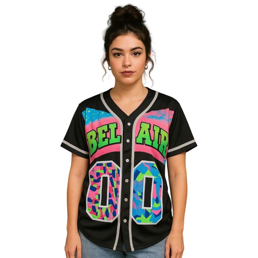 90s Retro Women XS Bel Air 00 Baseball Button Front Jersey Shirt Short Sleeve
